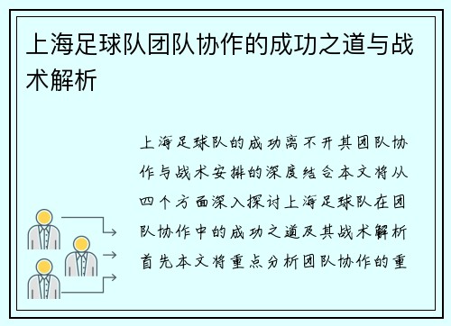 上海足球队团队协作的成功之道与战术解析